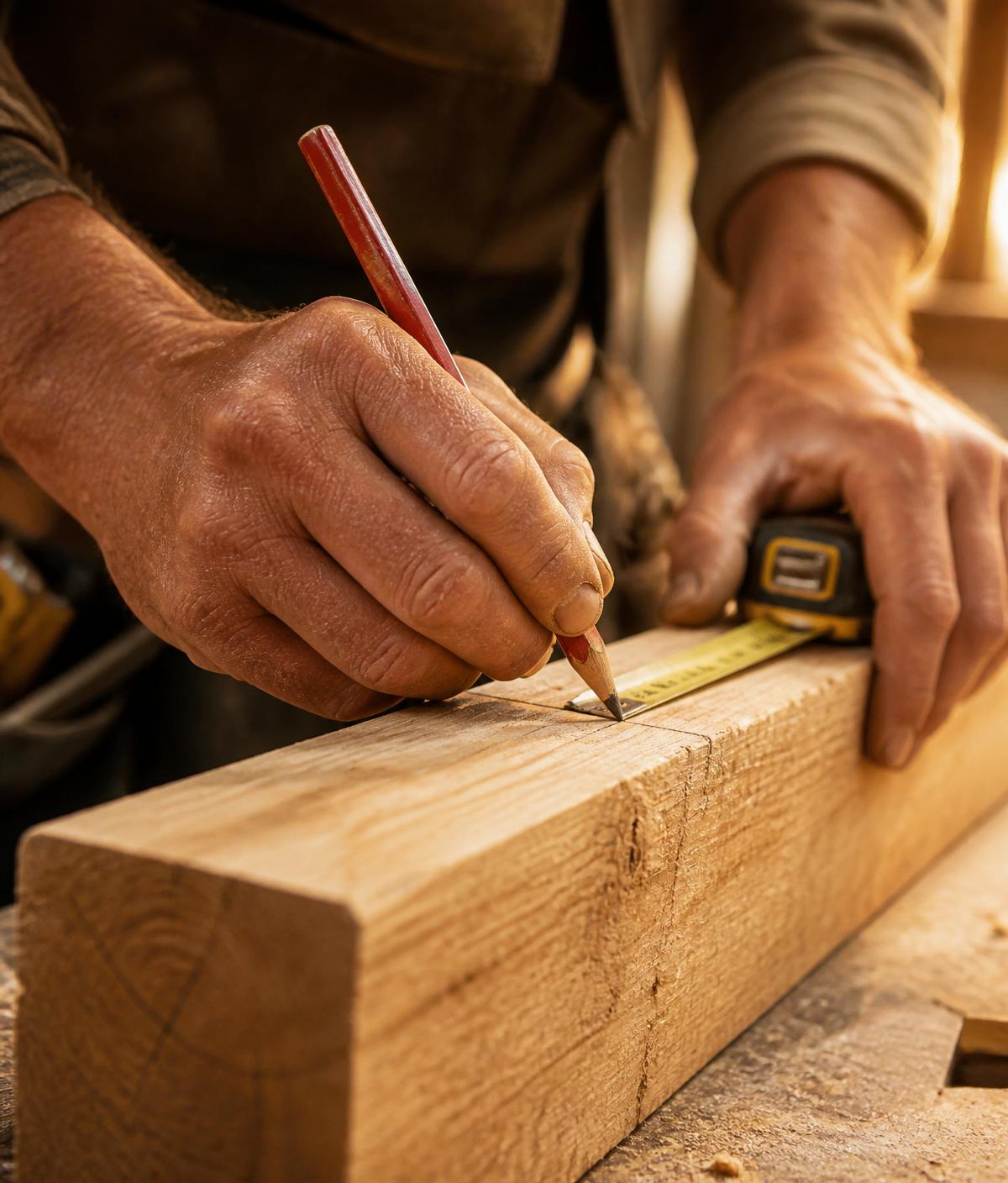 Craftsman measuring a wooden beam